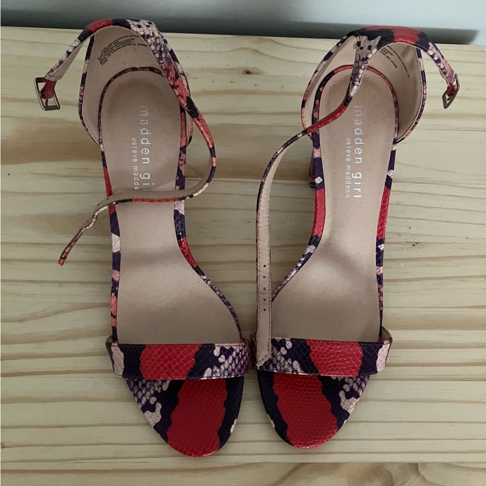 Madden Girl heeled sandals, snakeskin pattern US 8